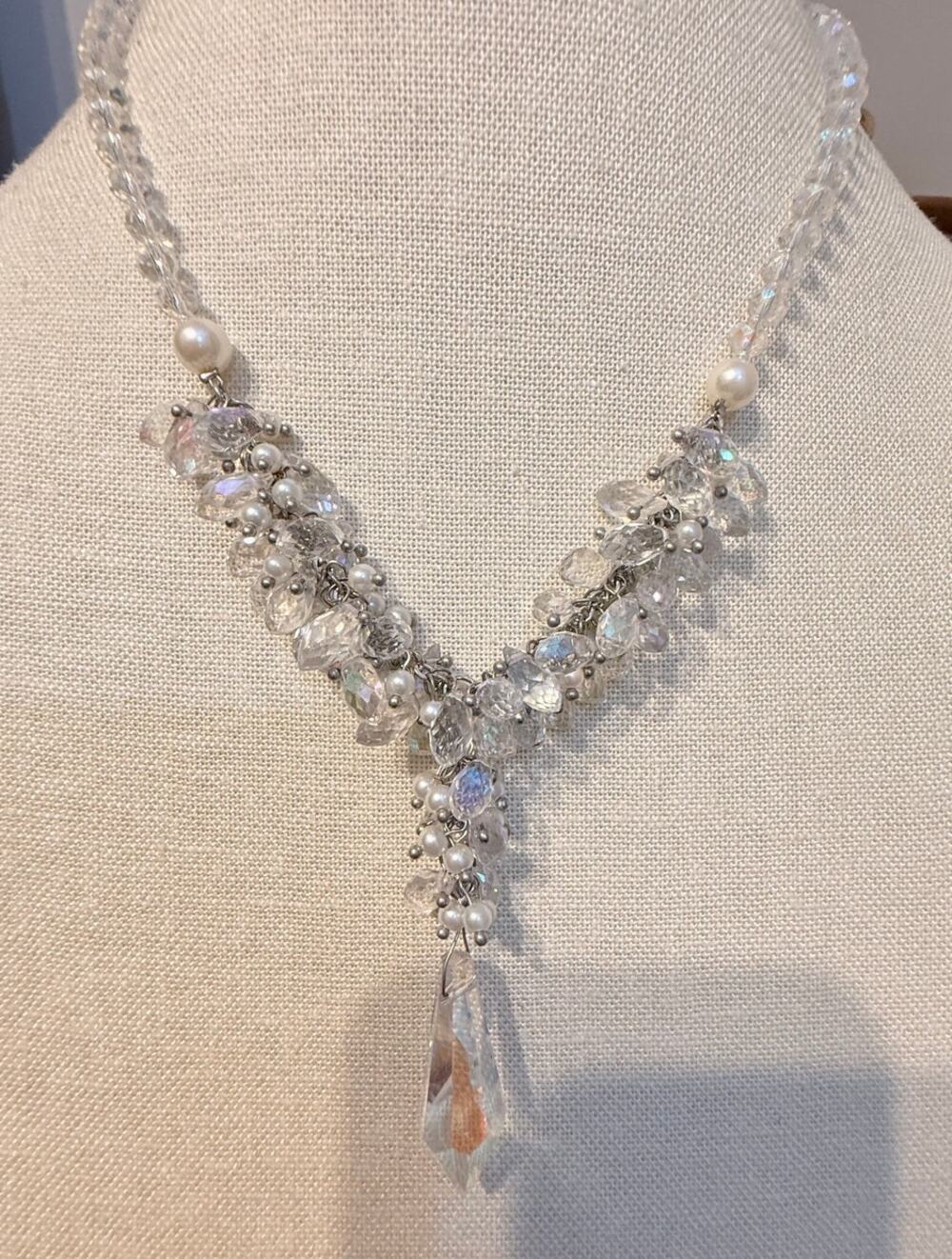 Vintage Crystal Pearl Bib Necklace 18” +3